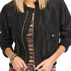 Free People Midnight Bomber Jacket In Black Satin Pockets Ribbed Cuffs Medium